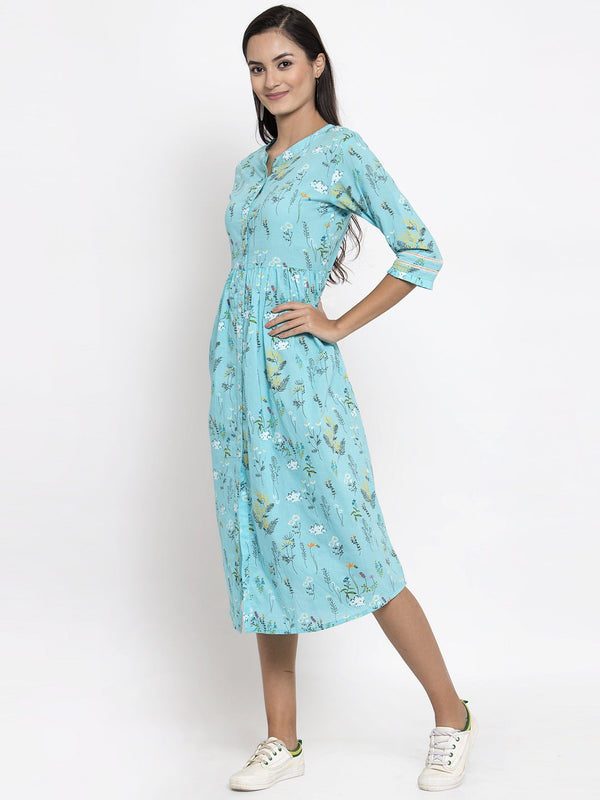 Indibelle Cotton Sky Blue Floral Print A-line Dress