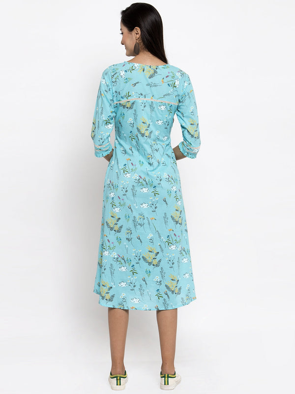 Indibelle Cotton Sky Blue Floral Print A-line Dress