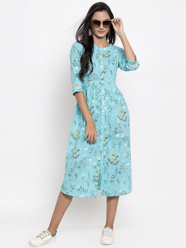 Indibelle Cotton Sky Blue Floral Print A-line Dress