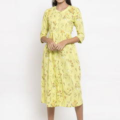 Indibelle Cotton Yellow Floral Print A-line Dress