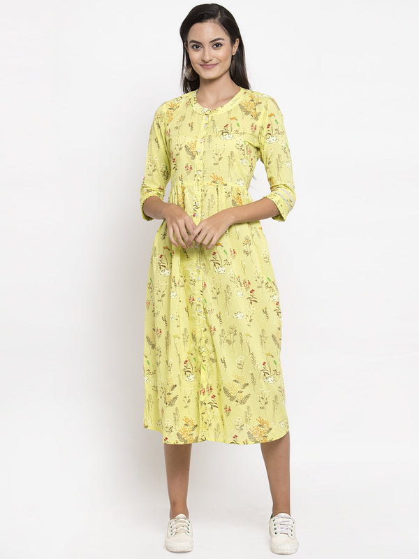Indibelle Cotton Yellow Floral Print A-line Dress