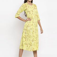 Indibelle Cotton Yellow Floral Print A-line Dress