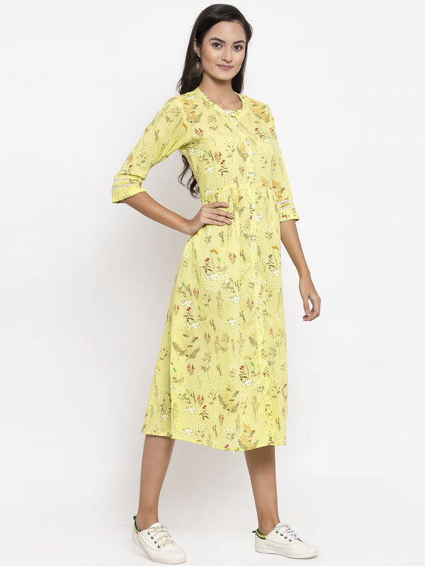 Indibelle Cotton Yellow Floral Print A-line Dress