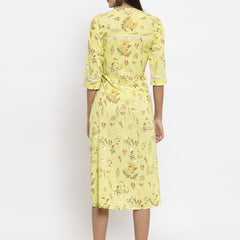 Indibelle Cotton Yellow Floral Print A-line Dress