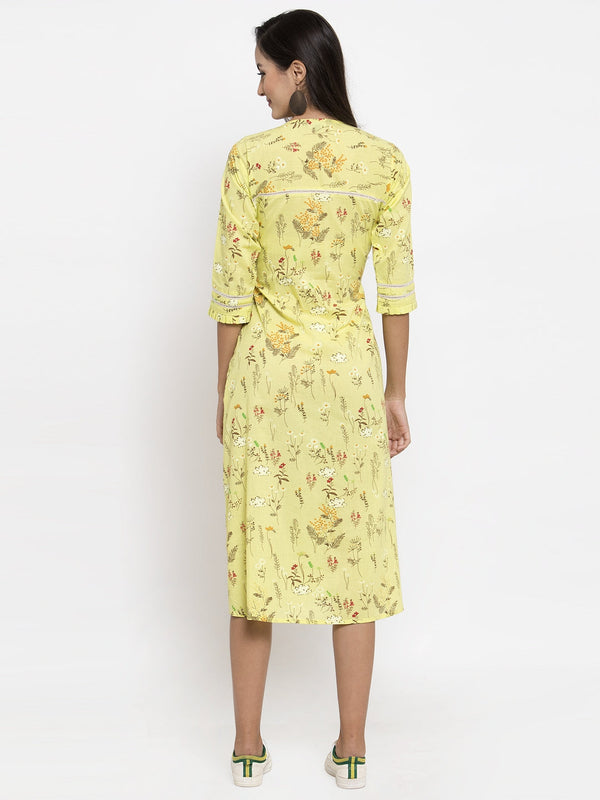 Indibelle Cotton Yellow Floral Print A-line Dress