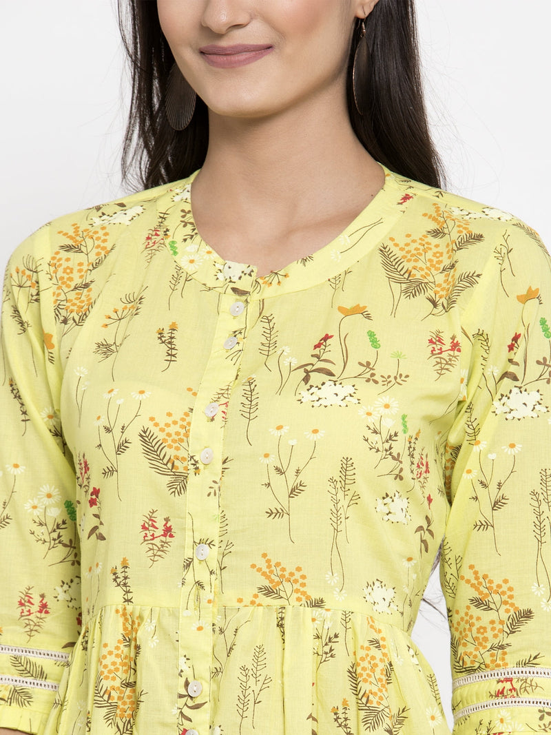 Indibelle Cotton Yellow Floral Print A-line Dress