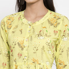 Indibelle Cotton Yellow Floral Print A-line Dress