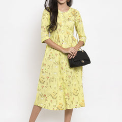 Indibelle Cotton Yellow Floral Print A-line Dress