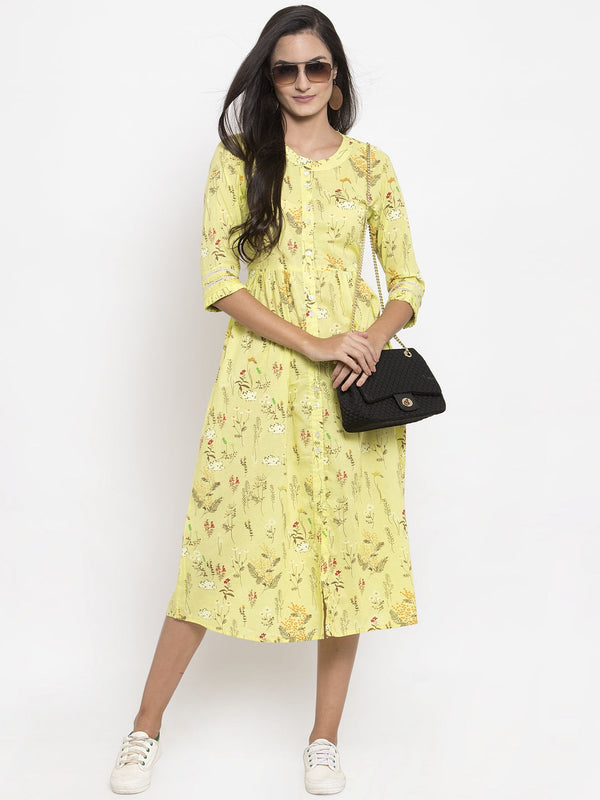 Indibelle Cotton Yellow Floral Print A-line Dress