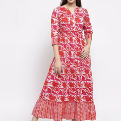 Indibelle cotton Red abstract print three tiered A-line Kurta