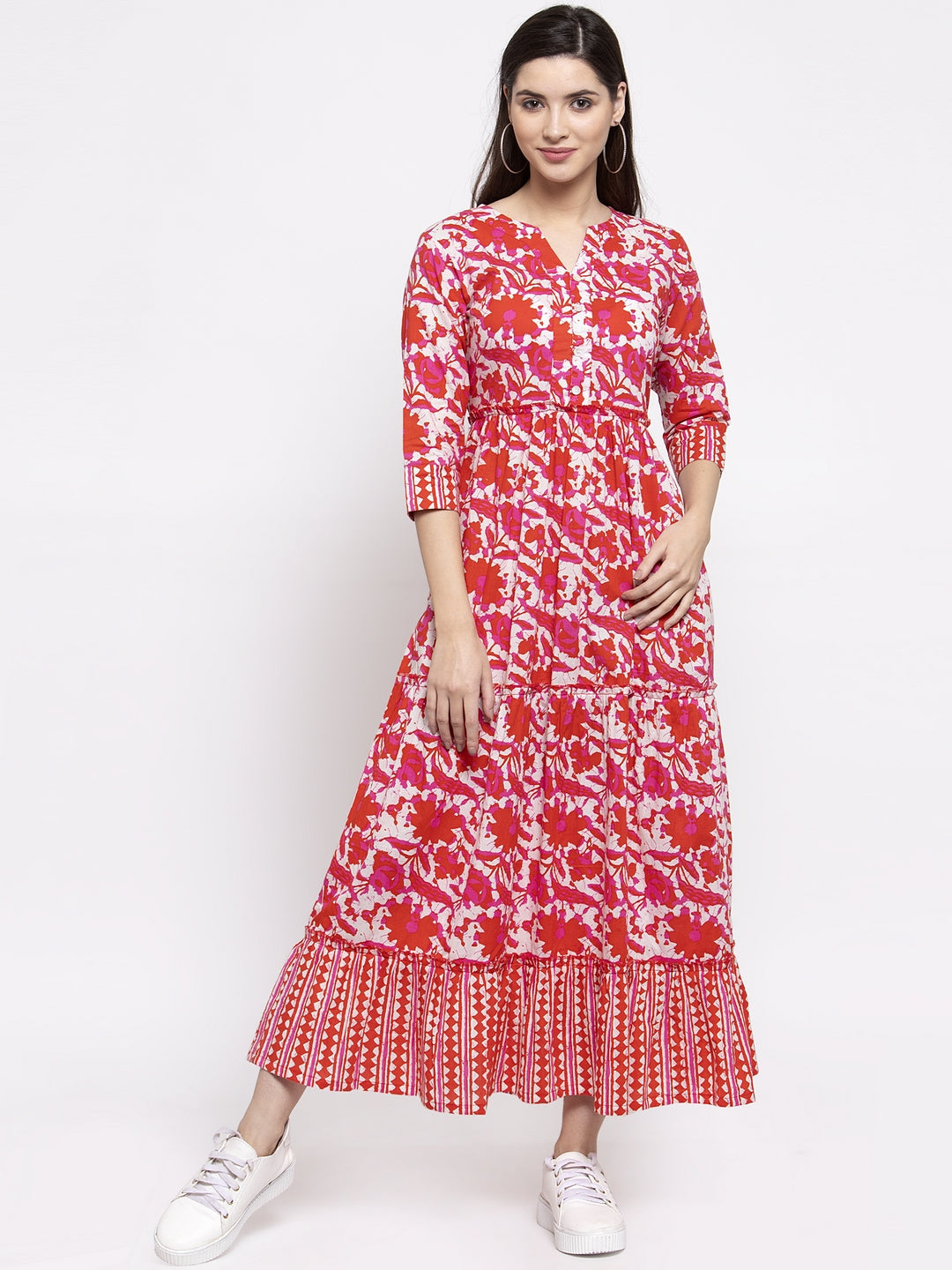 Indibelle cotton Red abstract print three tiered A-line Kurta