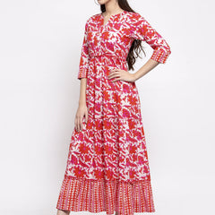 Indibelle cotton Red abstract print three tiered A-line Kurta