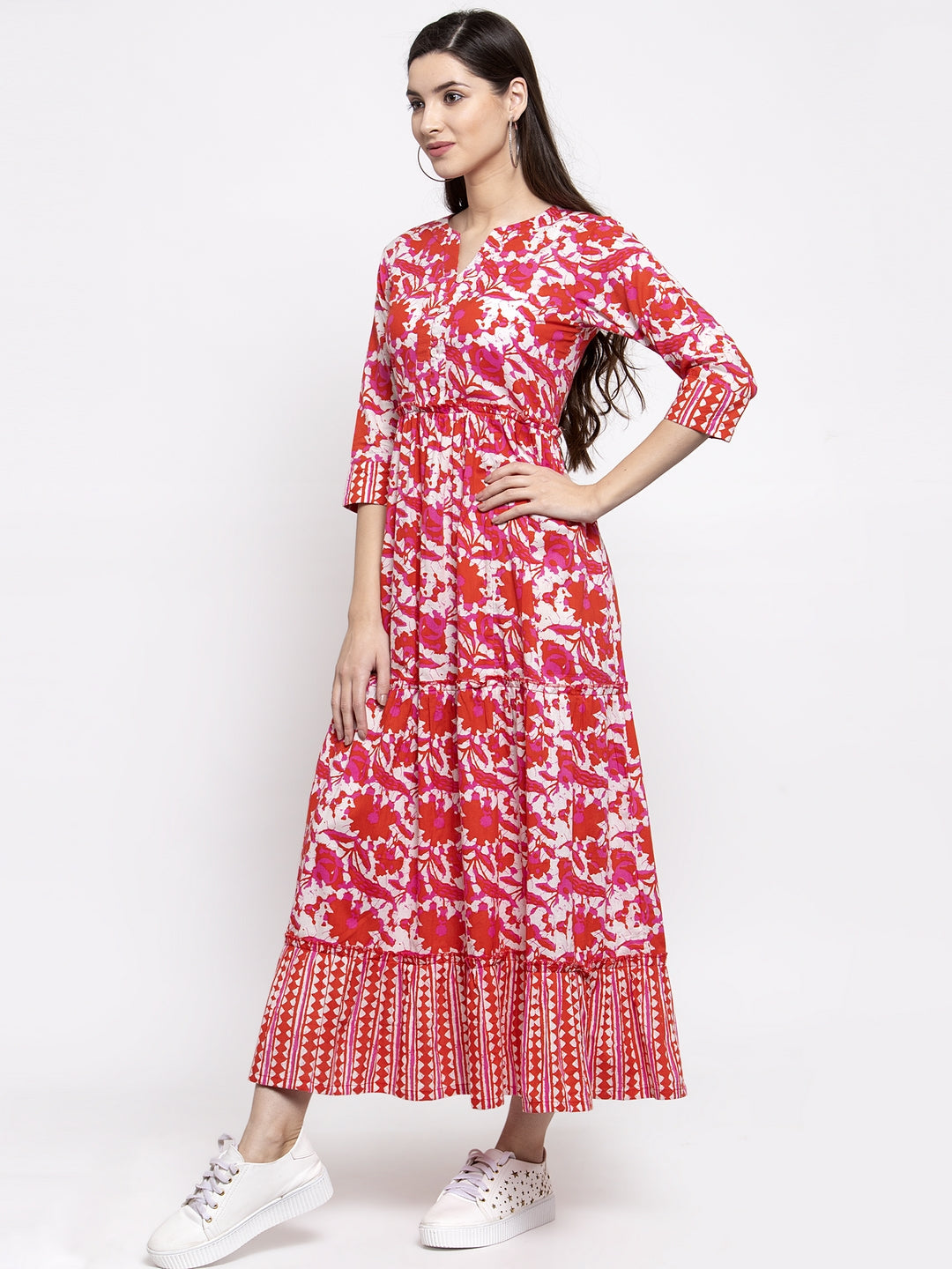 Indibelle cotton Red abstract print three tiered A-line Kurta