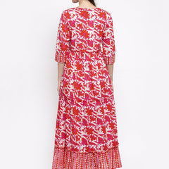 Indibelle cotton Red abstract print three tiered A-line Kurta