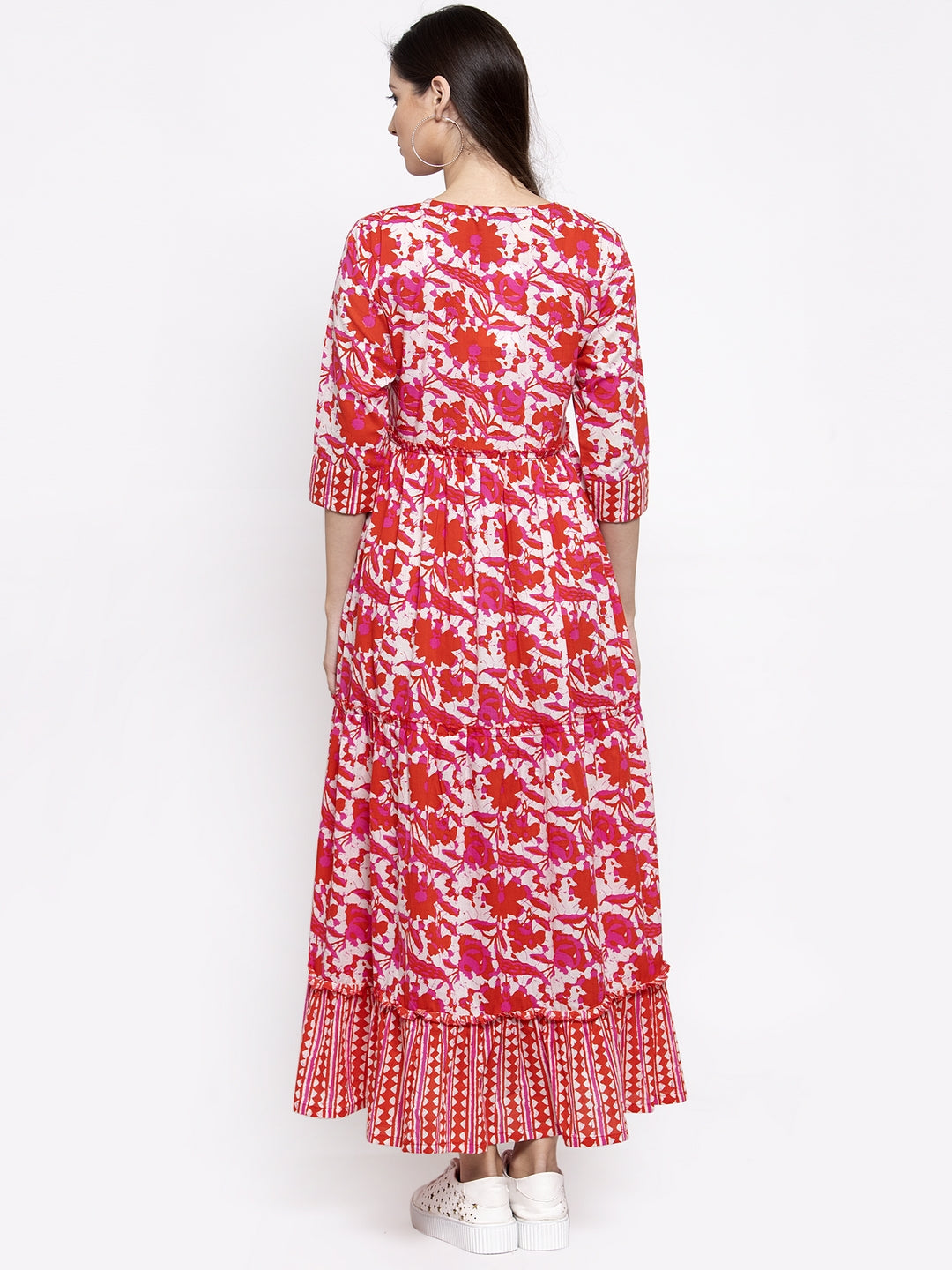 Indibelle cotton Red abstract print three tiered A-line Kurta