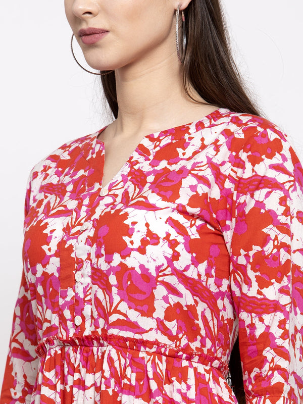 Indibelle cotton Red abstract print A-line Dress