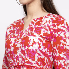 Indibelle cotton Red abstract print three tiered A-line Kurta