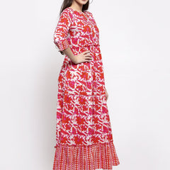 Indibelle cotton Red abstract print three tiered A-line Kurta