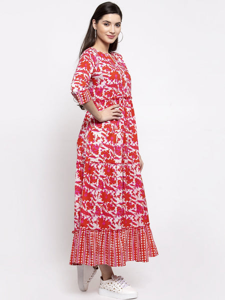 Indibelle cotton Red abstract print three tiered A-line Kurta