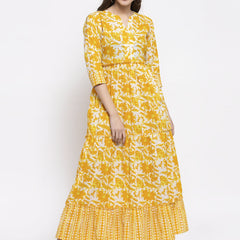 Indibelle cotton yellow abstract print three tiered A-line Kurta