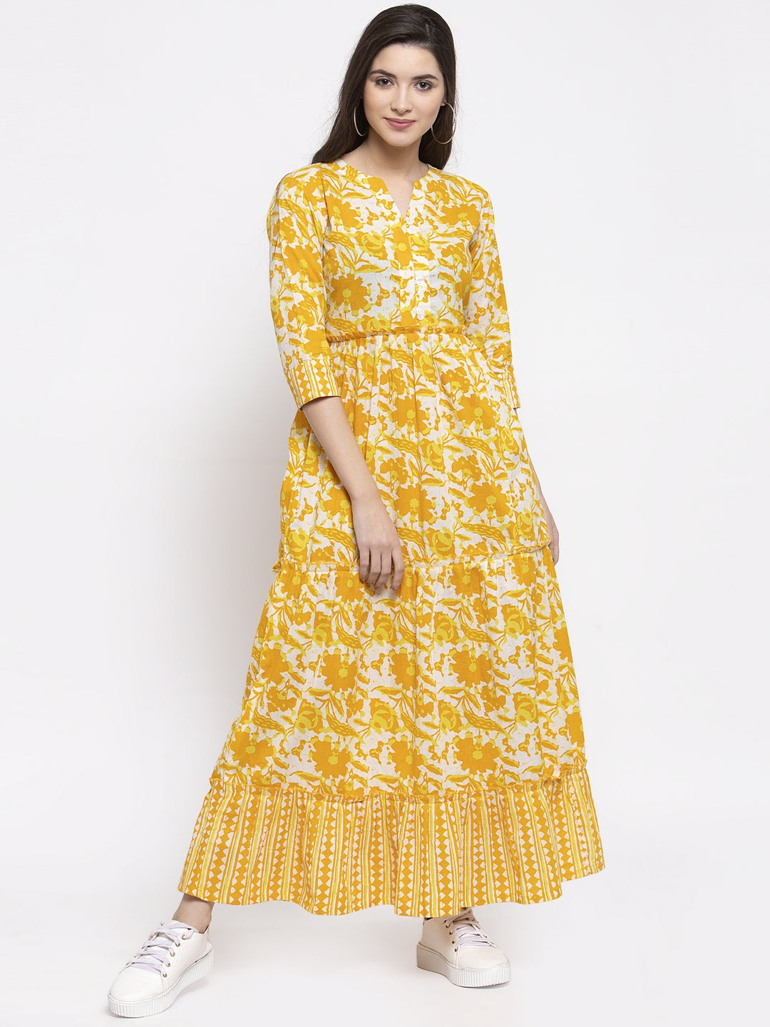 Indibelle cotton yellow abstract print three tiered A-line Kurta