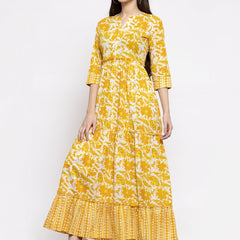 Indibelle cotton yellow abstract print three tiered A-line Kurta
