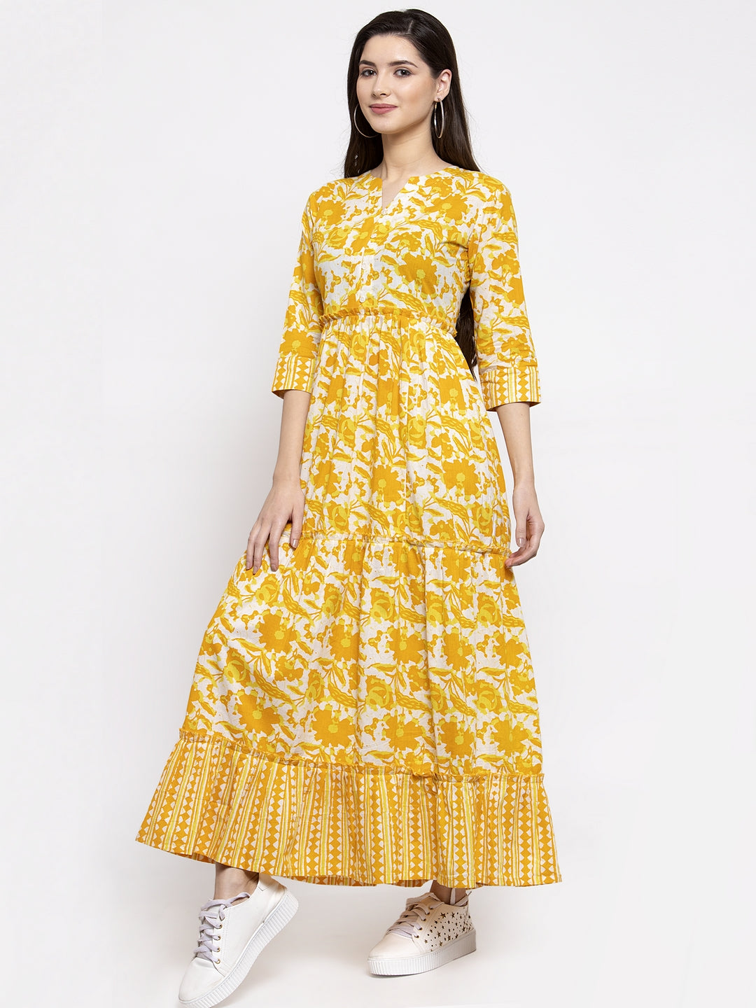 Indibelle cotton yellow abstract print three tiered A-line Kurta