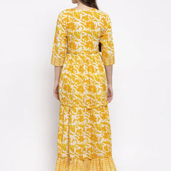 Indibelle cotton yellow abstract print three tiered A-line Kurta