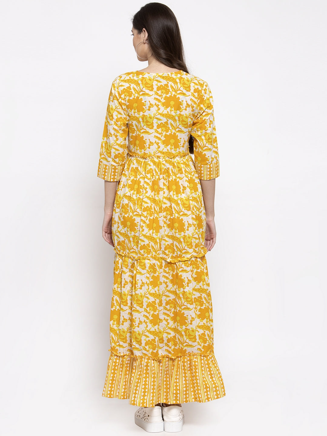 Indibelle cotton yellow abstract print three tiered A-line Kurta