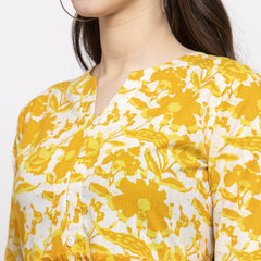 Indibelle cotton yellow abstract print three tiered A-line Kurta