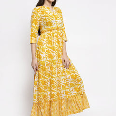 Indibelle cotton yellow abstract print three tiered A-line Kurta