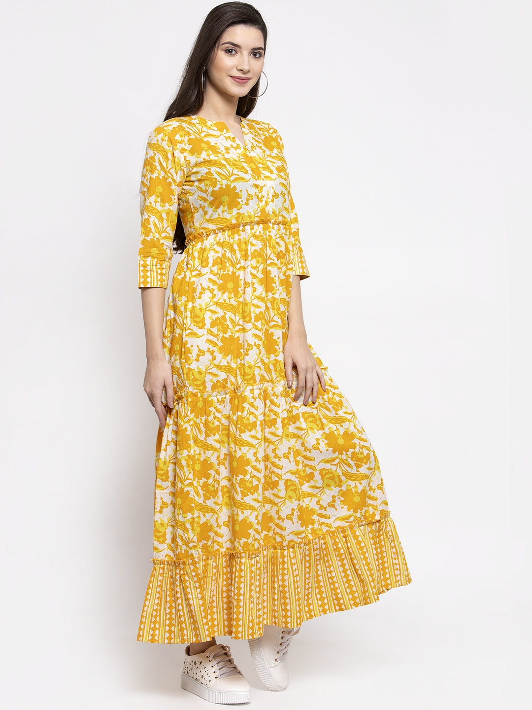 Indibelle cotton yellow abstract print three tiered A-line Kurta