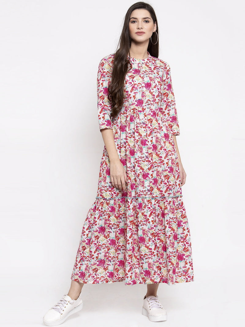 Indibelle cotton pink floral print A-line Dress