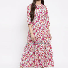 Indibelle cotton pink floral print A-line Dress
