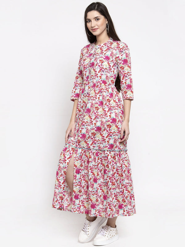 Indibelle cotton pink floral print A-line Dress