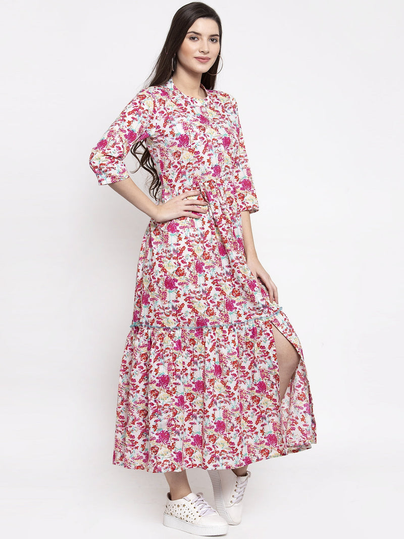 Indibelle cotton pink floral print A-line Dress