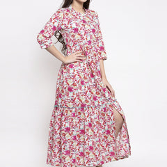 Indibelle cotton pink floral print A-line Dress
