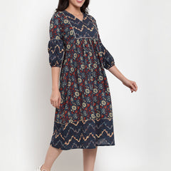 Indibelle Cotton Purssine Blue Geomatric Print A-Line Dress