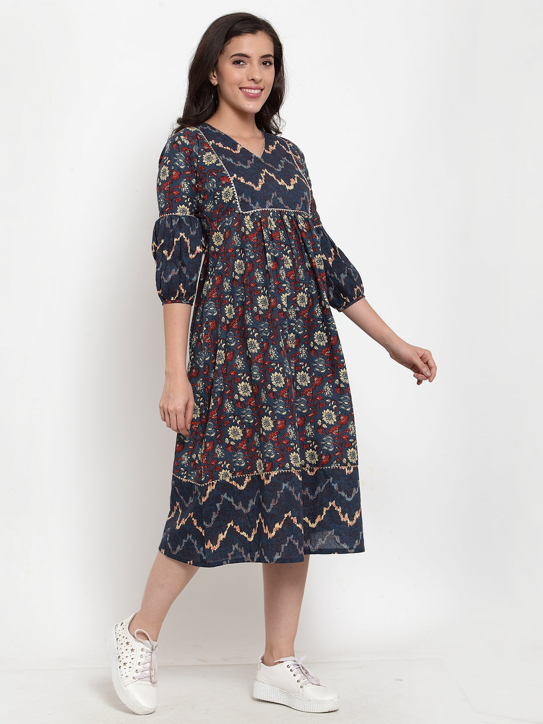 Indibelle Cotton Purssine Blue Geomatric Print A-Line Dress