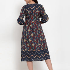 Indibelle Cotton Purssine Blue Geomatric Print A-Line Dress