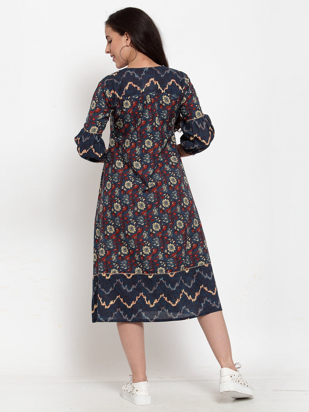 Indibelle Cotton Purssine Blue Geomatric Print A-Line Dress