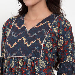 Indibelle Cotton Purssine Blue Geomatric Print A-Line Dress