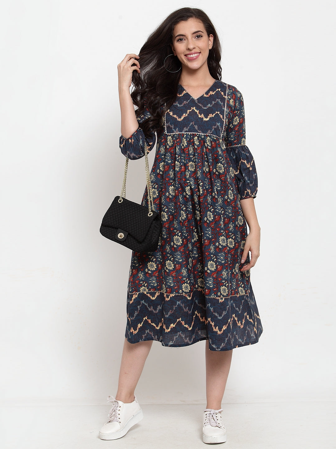 Indibelle Cotton Purssine Blue Geomatric Print A-Line Dress