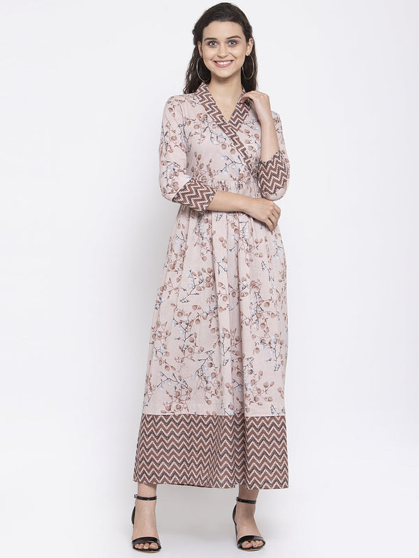 Indibelle Cotton Floral Print Maxi Dress (Brown)