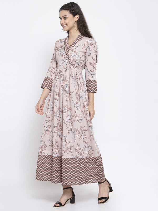 Indibelle Cotton Floral Print Maxi Dress (Brown)