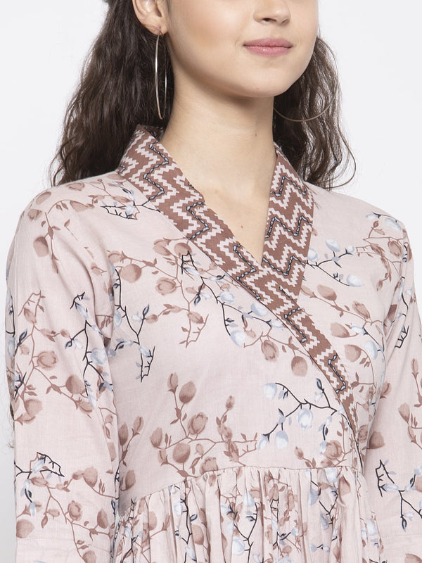 Indibelle Cotton Floral Print Maxi Dress (Brown)