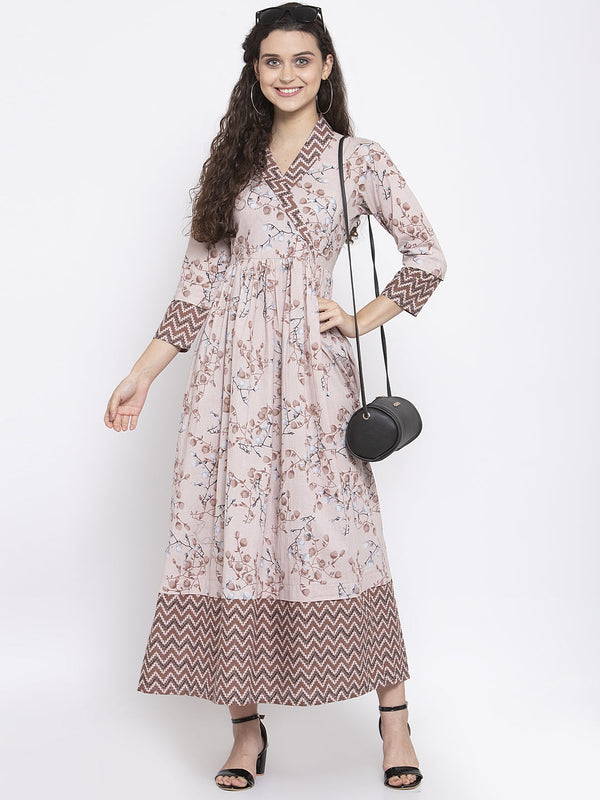 Indibelle Cotton Floral Print Maxi Dress (Brown)