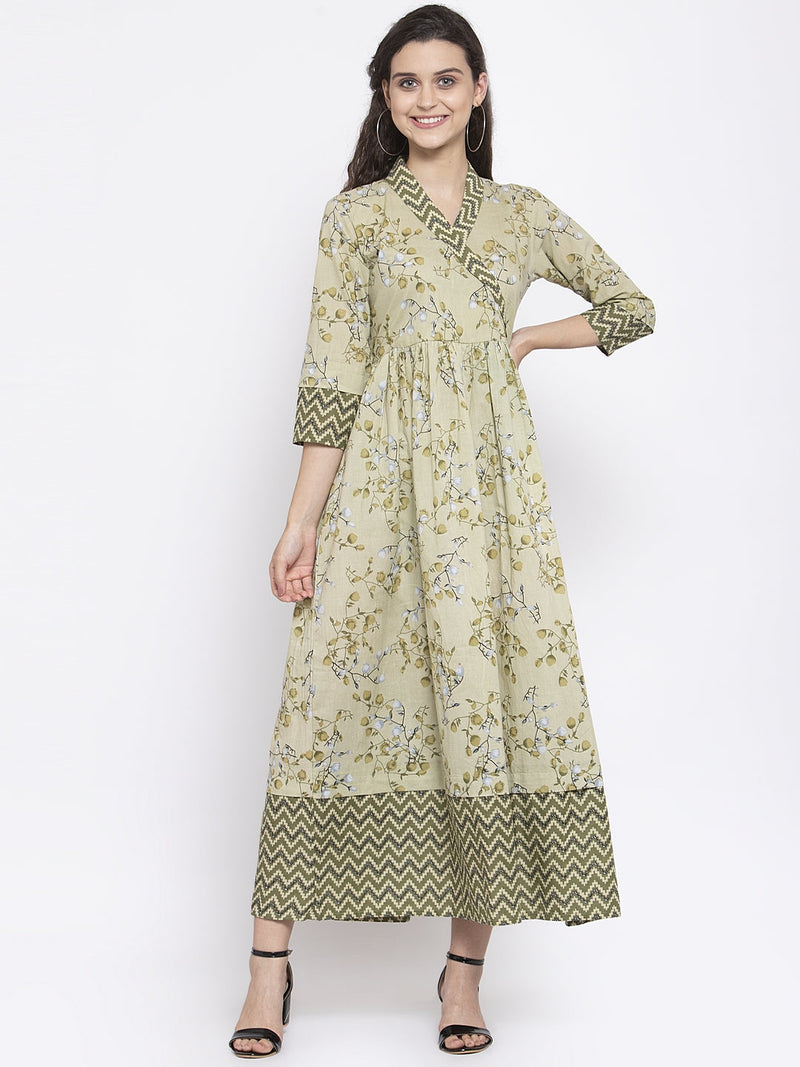 Indibelle Cotton Pista Green Floral Print A-Line Dress