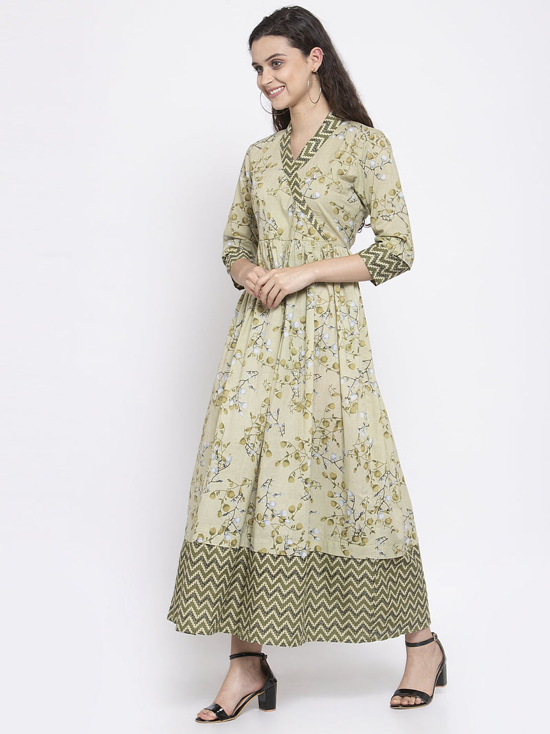 Indibelle Cotton Pista Green Floral Print A-Line Dress