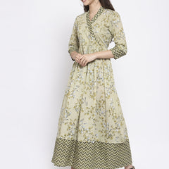 Indibelle Cotton Pista Green Floral Print A-Line Dress
